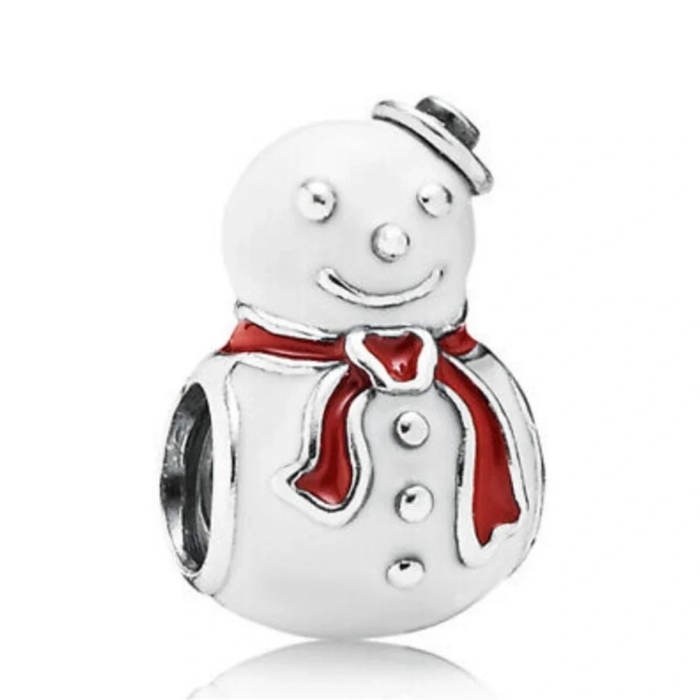 Pandora Retired Sterling Silver Happy Snowman Winter Bead White & Red Enamel - Picture 1 of 6